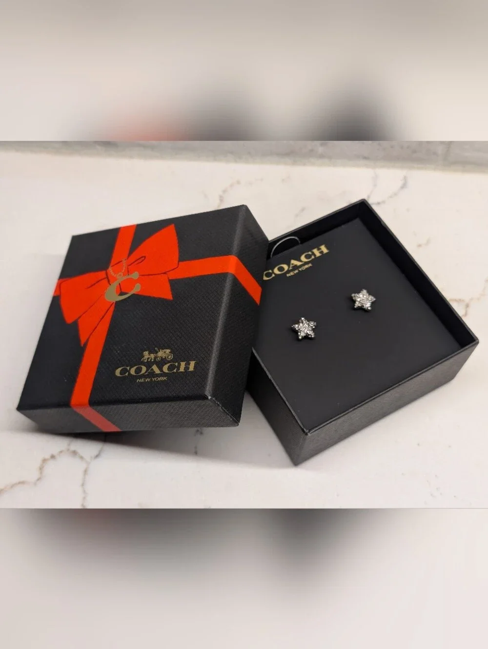 SOLD Coach Star Tea Rose Earrings - NWT - Brass/Titanium/Crystal - Picture 4 of 6